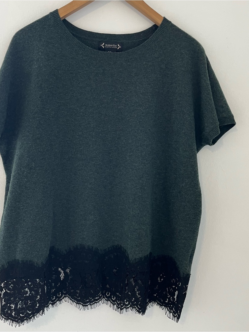 Nannette Dark Green Short Sleeve with Merino Wool Blend Top with Black Lace Trim